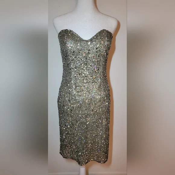 Scala Sequin 100% Real Silk Beaded Mini Dress Sz L Strapless - Picture 5 of 15